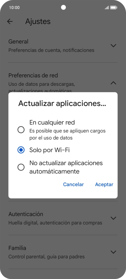 Para activar la actualización automática de apps utilizando la red móvil, pulsa En cualquier red.