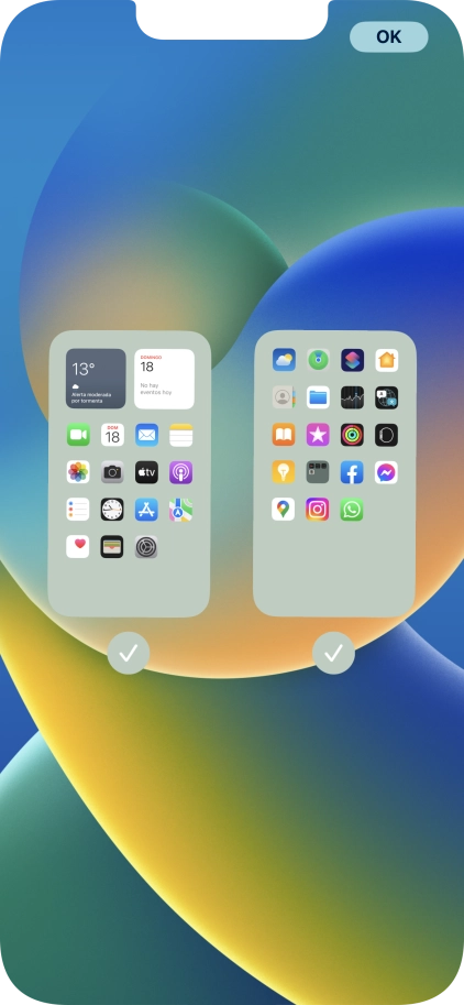Pulsa en los campos bajo las páginas deseadas de la pantalla de inicio para activar o desactivar la visualización de páginas.