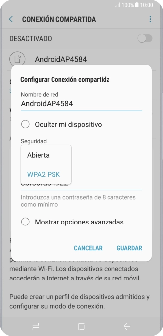 Pulsa WPA2 PSK para proteger la conexión wifi con una contraseña.