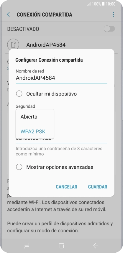 Pulsa WPA2 PSK para proteger la conexión wifi con una contraseña.