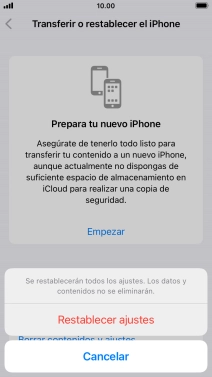 Pulsa Restablecer ajustes. Espera unos instantes mientras el teléfono restablece la configuración predeterminada. Sigue las indicaciones de la pantalla para configurar el teléfono y dejarlo listo para su uso.