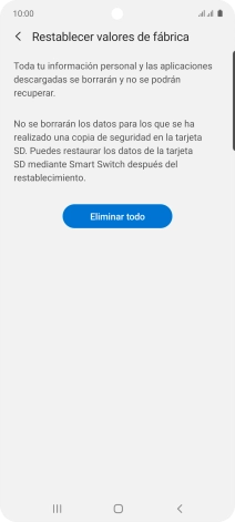 Pulsa Eliminar todo. Espera unos instantes mientras el teléfono restablece la configuración predeterminada. Sigue las indicaciones de la pantalla para configurar el teléfono y dejarlo listo para su uso.