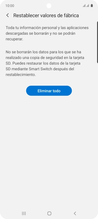 Pulsa Eliminar todo. Espera unos instantes mientras el teléfono restablece la configuración predeterminada. Sigue las indicaciones de la pantalla para configurar el teléfono y dejarlo listo para su uso.