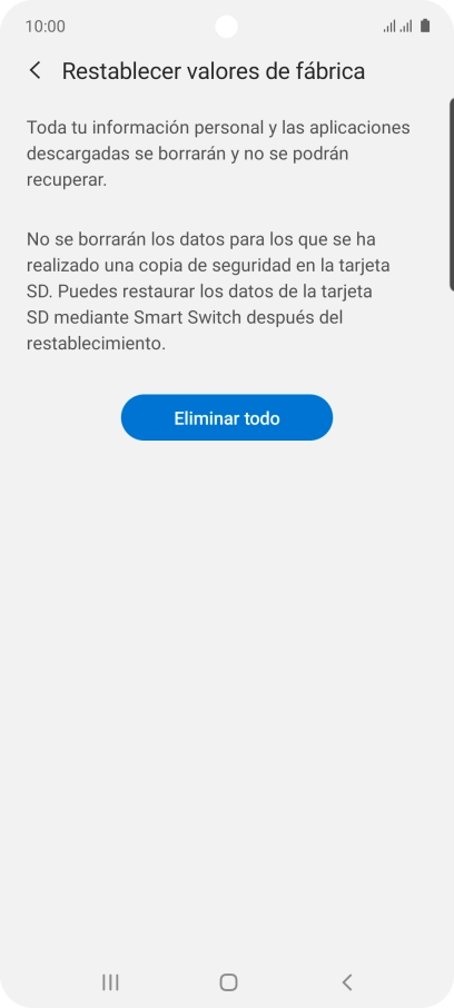 Pulsa Eliminar todo. Espera unos instantes mientras el teléfono restablece la configuración predeterminada. Sigue las indicaciones de la pantalla para configurar el teléfono y dejarlo listo para su uso.