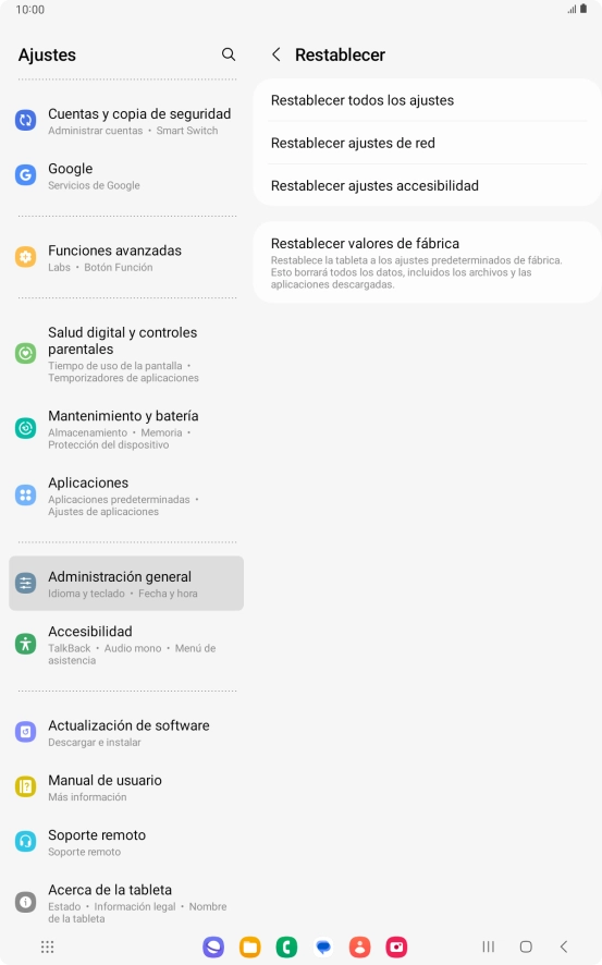 Pulsa Restablecer valores de fábrica.
