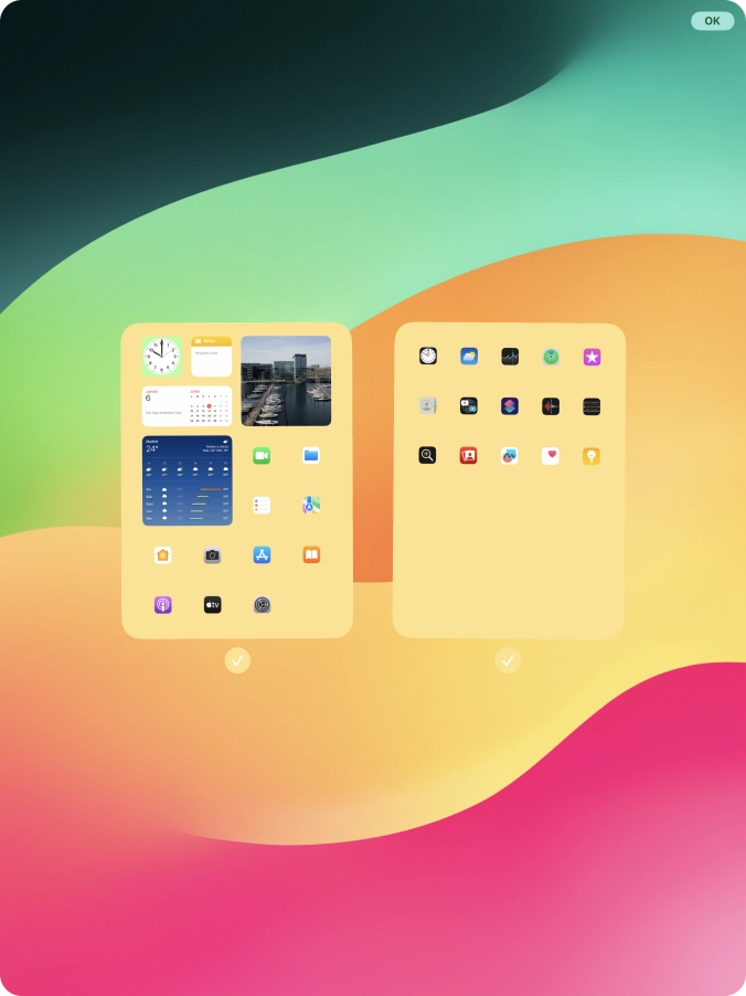 Pulsa en los campos bajo las páginas deseadas de la pantalla de inicio para activar o desactivar la visualización de páginas.