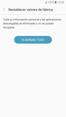 Pulsa ELIMINAR TODO. Espera unos instantes mientras el teléfono restablece la configuración predeterminada. Sigue las indicaciones de la pantalla para configurar el teléfono y dejarlo listo para su uso.