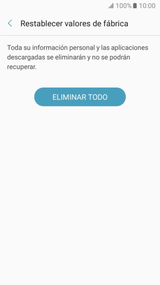 Pulsa ELIMINAR TODO. Espera unos instantes mientras el teléfono restablece la configuración predeterminada. Sigue las indicaciones de la pantalla para configurar el teléfono y dejarlo listo para su uso.
