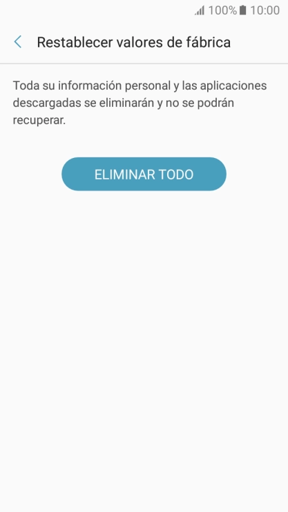 Pulsa ELIMINAR TODO. Espera unos instantes mientras el teléfono restablece la configuración predeterminada. Sigue las indicaciones de la pantalla para configurar el teléfono y dejarlo listo para su uso.