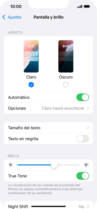 Si activas la función, pulsa Opciones y sigue las indicaciones de la pantalla para seleccionar el período de tiempo que debe durar el Modo Oscuro.