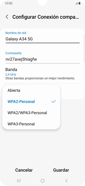Pulsa WPA3-Personal para proteger la conexión wifi con una contraseña.