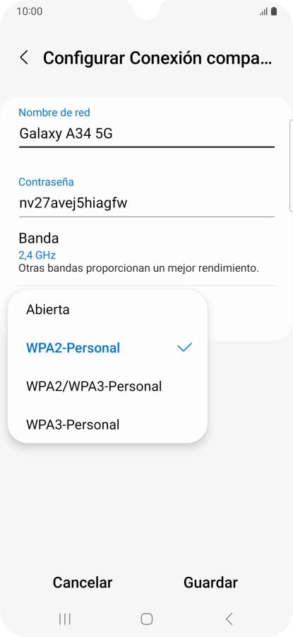 Pulsa WPA3-Personal para proteger la conexión wifi con una contraseña.