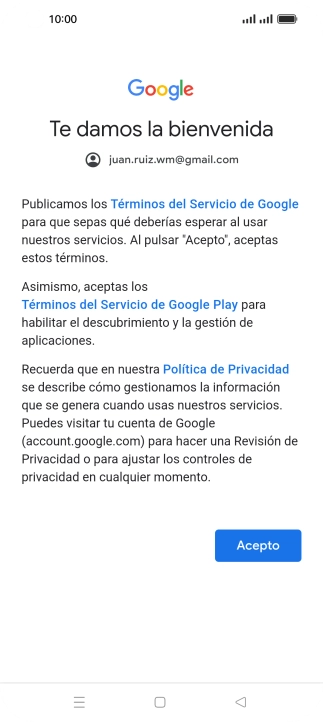 Pulsa Acepto y sigue las indicaciones de la pantalla para seleccionar los ajustes de tu cuenta de Google.