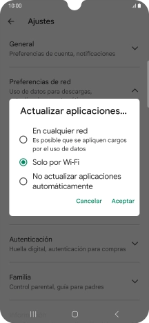 Para activar la actualización automática de apps utilizando la red móvil, pulsa En cualquier red.