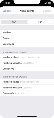 Pulsa Nombre de host e introduce el nombre del servidor de correo de entrada de tu proveedor de correo electrónico.