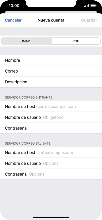 Pulsa Nombre de host e introduce el nombre del servidor de correo de entrada de tu proveedor de correo electrónico.