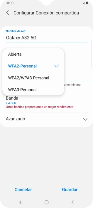 Pulsa WPA3-Personal para proteger la conexión wifi con una contraseña.