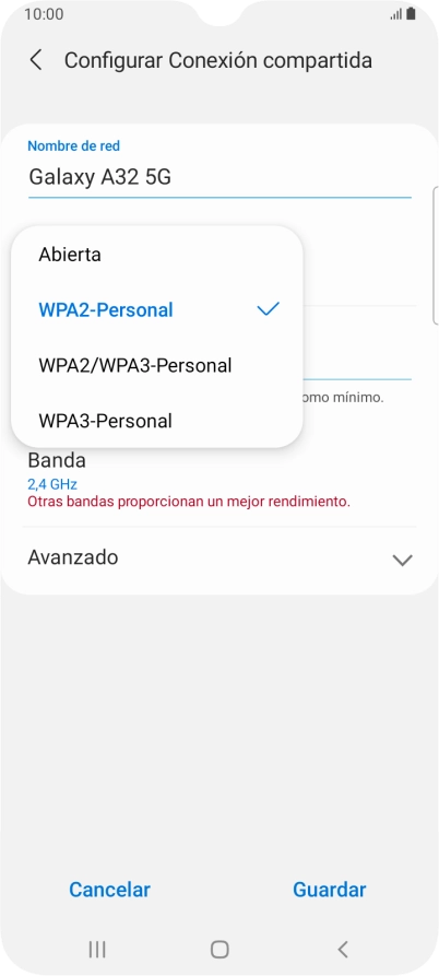 Pulsa WPA3-Personal para proteger la conexión wifi con una contraseña.