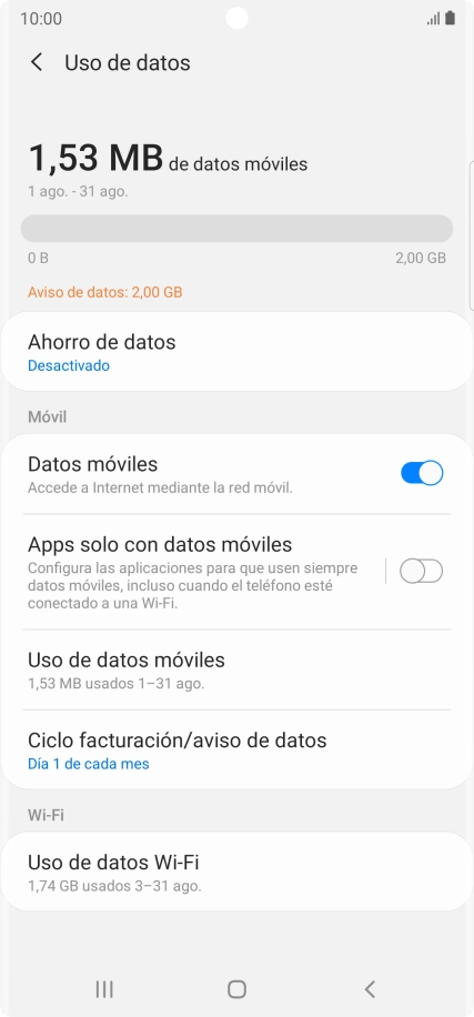 El consumo total de datos se visualiza ahora en la pantalla.