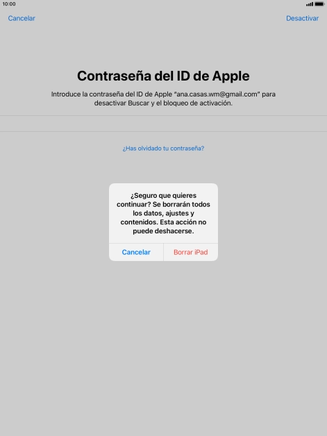 Pulsa Borrar iPad. Espera unos instantes mientras la tablet restablece la configuración predeterminada. Sigue las indicaciones de la pantalla para configurar la tablet y dejarla lista para su uso.