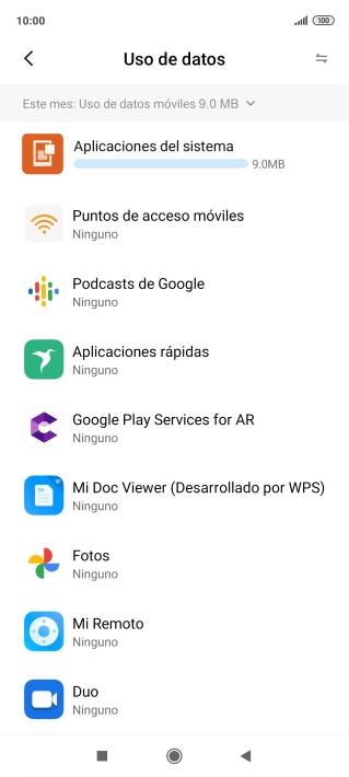 El consumo de datos por cada aplicación aparece bajo el nombre de la aplicación. El consumo de datos por cada aplicación aparece bajo el nombre de la aplicación.