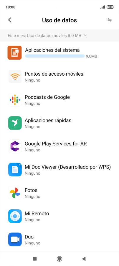 El consumo de datos por cada aplicación aparece bajo el nombre de la aplicación. El consumo de datos por cada aplicación aparece bajo el nombre de la aplicación.