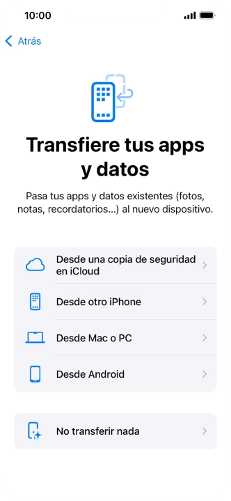 Pulsa No transferir nada y sigue las indicaciones de la pantalla para finalizar la activación del teléfono.