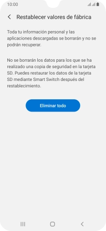 Pulsa Eliminar todo. Espera unos instantes mientras el teléfono restablece la configuración predeterminada. Sigue las indicaciones de la pantalla para configurar el teléfono y dejarlo listo para su uso.