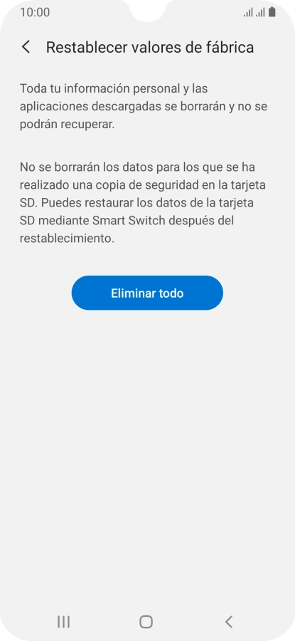 Pulsa Eliminar todo. Espera unos instantes mientras el teléfono restablece la configuración predeterminada. Sigue las indicaciones de la pantalla para configurar el teléfono y dejarlo listo para su uso.