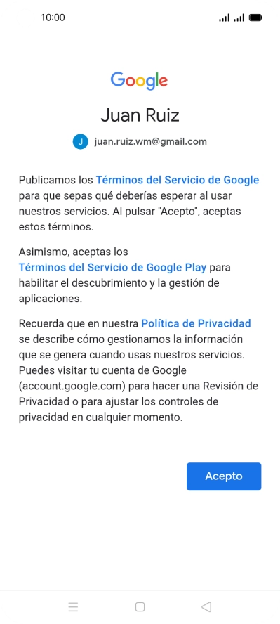Pulsa Acepto y sigue las indicaciones de la pantalla para seleccionar los ajustes de tu cuenta de Google.