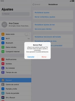 Pulsa Borrar. Espera unos instantes mientras la tablet restablece la configuración predeterminada. Sigue las indicaciones de la pantalla para configurar la tablet y dejarla lista para su uso.
