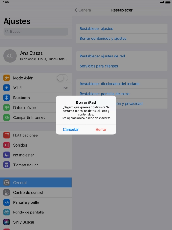 Pulsa Borrar. Espera unos instantes mientras la tablet restablece la configuración predeterminada. Sigue las indicaciones de la pantalla para configurar la tablet y dejarla lista para su uso.