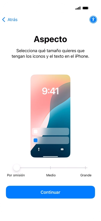 Selecciona el tamaño de letra y de los iconos que debe tener el teléfono y pulsa Continuar. Selecciona el tamaño de letra y de los iconos que debe tener el teléfono y pulsa Continuar.
