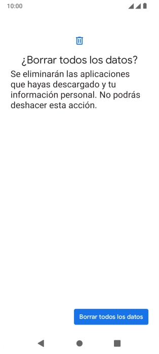 Pulsa Borrar todos los datos. Espera unos instantes mientras el teléfono restablece la configuración predeterminada. Sigue las indicaciones de la pantalla para configurar el teléfono y dejarlo listo para su uso.