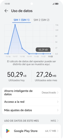 El consumo total de datos se visualiza ahora en la pantalla.