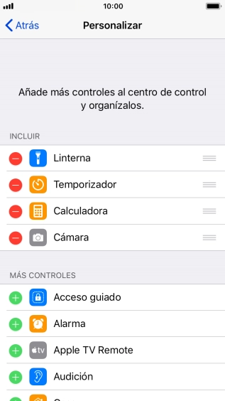 Pulsa el icono de eliminar junto a la función deseada para eliminarla del Centro de control.