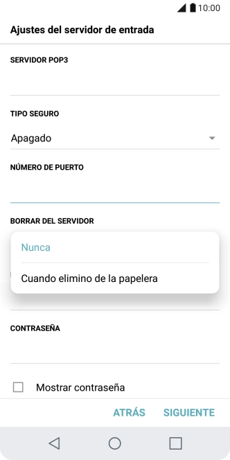 Pulsa Nunca para conservar los correos electrónicos en el servidor cuando los borras del teléfono.