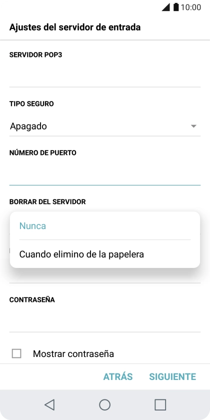 Pulsa Nunca para conservar los correos electrónicos en el servidor cuando los borras del teléfono.