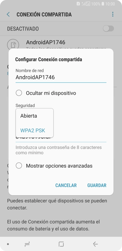 Pulsa WPA2 PSK para proteger la conexión wifi con una contraseña.