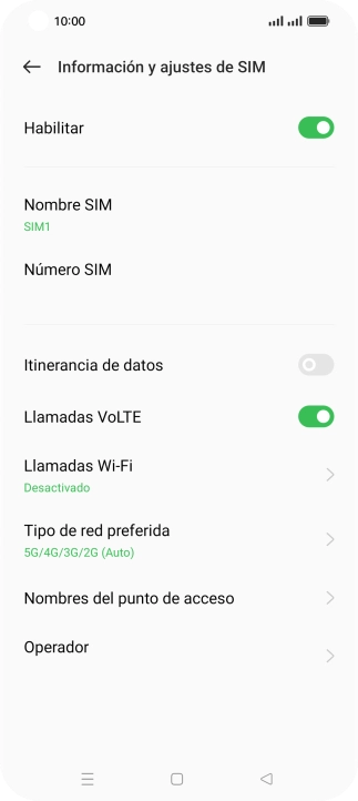 Pulsa el indicador superior para activar o desactivar el uso de la tarjeta SIM.