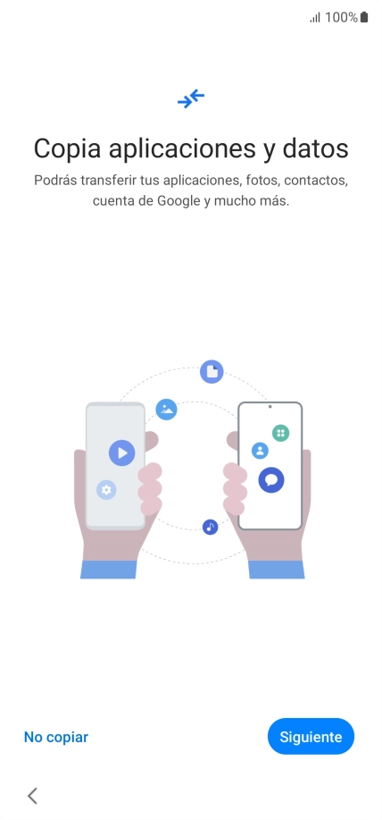 Puedes transferir el contenido de otro teléfono cuando activas tu teléfono por primera vez y cuando lo has restablecido. Cuando aparezca en la pantalla del teléfono esta imagen, ya está listo para la transmisión del contenido del otro teléfono.