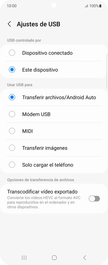 Pulsa Transferir archivos/Android Auto.