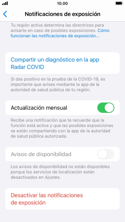 Pulsa Desactivar las notificaciones de exposición.