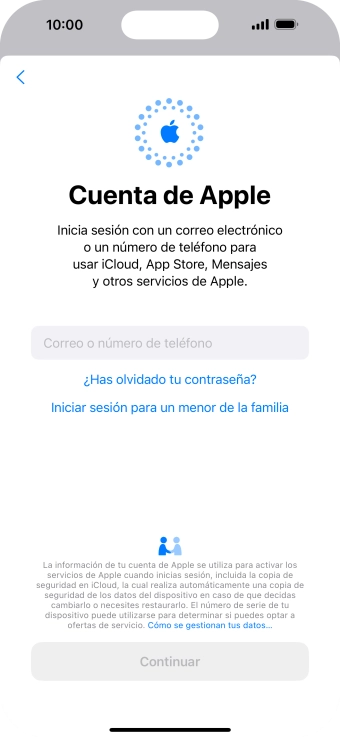 Pulsa Correo o número de teléfono e introduce el nombre de usuario de tu ID de Apple.