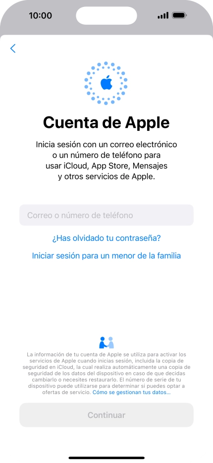 Pulsa Correo o número de teléfono e introduce el nombre de usuario de tu ID de Apple.