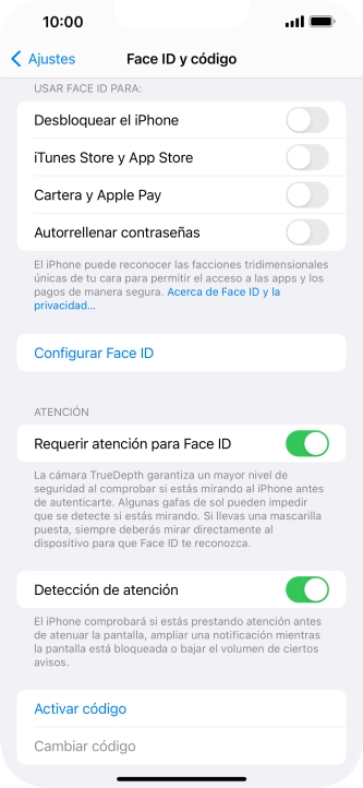 Pulsa Activar código e introduce un código de seguridad de libre elección dos veces seguidas.