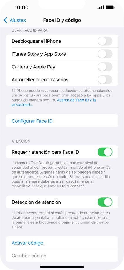 Pulsa Activar código e introduce un código de seguridad de libre elección dos veces seguidas.