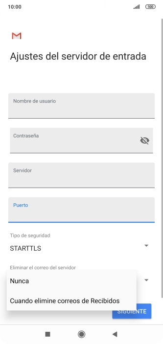 Pulsa Nunca para conservar los correos electrónicos en el servidor cuando los borras del teléfono.