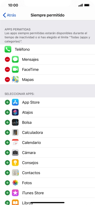 Pulsa el icono de añadir junto a la app deseada para añadirla a la lista de apps permitidas bajo el tiempo de inactividad de pantalla.