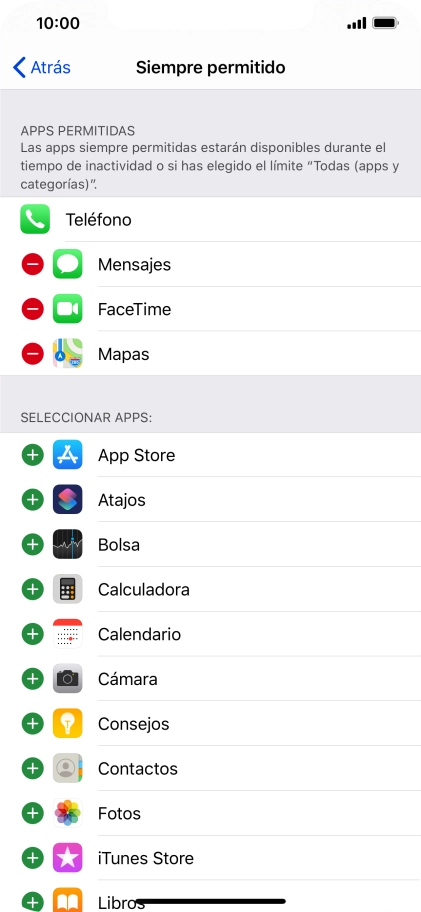 Pulsa el icono de añadir junto a la app deseada para añadirla a la lista de apps permitidas bajo el tiempo de inactividad de pantalla.